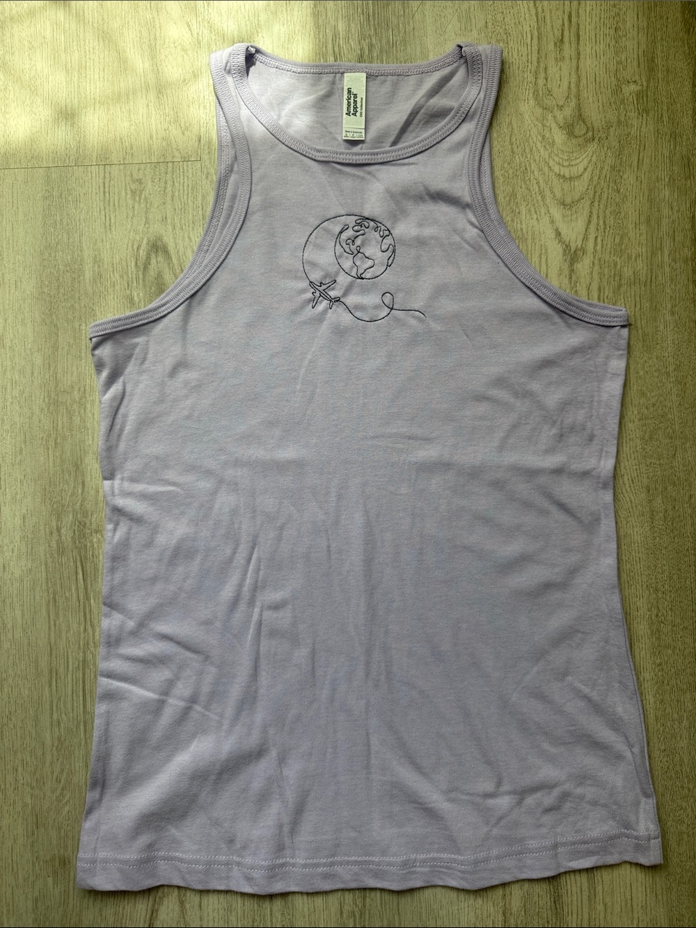 American Apparel Lavender Racerback Tank with Globe & Airplane Graphic